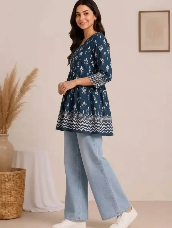 Navy_Blue_Printed_Rayon_Short_Kurti_Top_For_Women