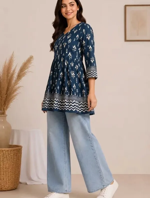 Navy_Blue_Printed_Rayon_Short_Kurti_Top_For_Women