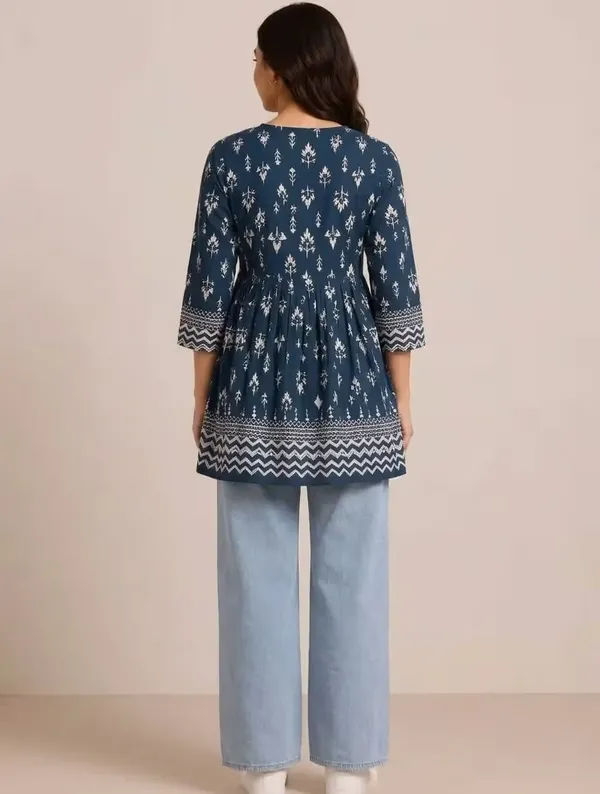 Navy_Blue_Printed_Rayon_Short_Kurti_Top_For_Women