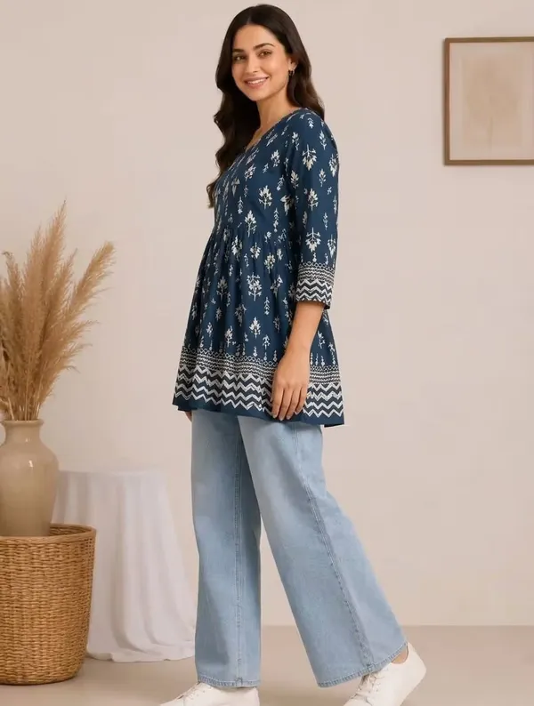 Navy_Blue_Printed_Rayon_Short_Kurti_Top_For_Women