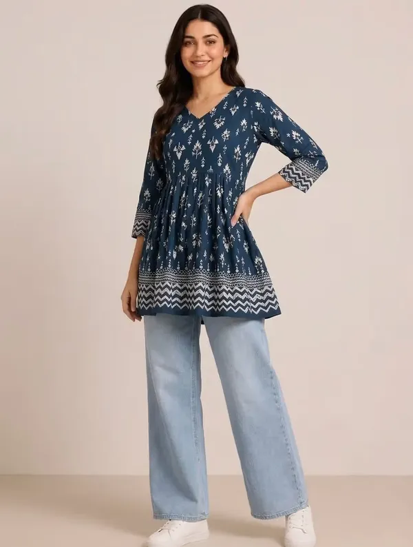 Navy_Blue_Printed_Rayon_Short_Kurti_Top_For_Women