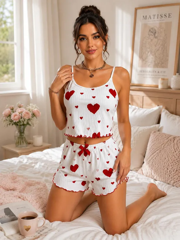 White_And_Red_Chiffon_Ribbed_Heart_Print_Tank_Top_&_Shorts_Set_For_Women
