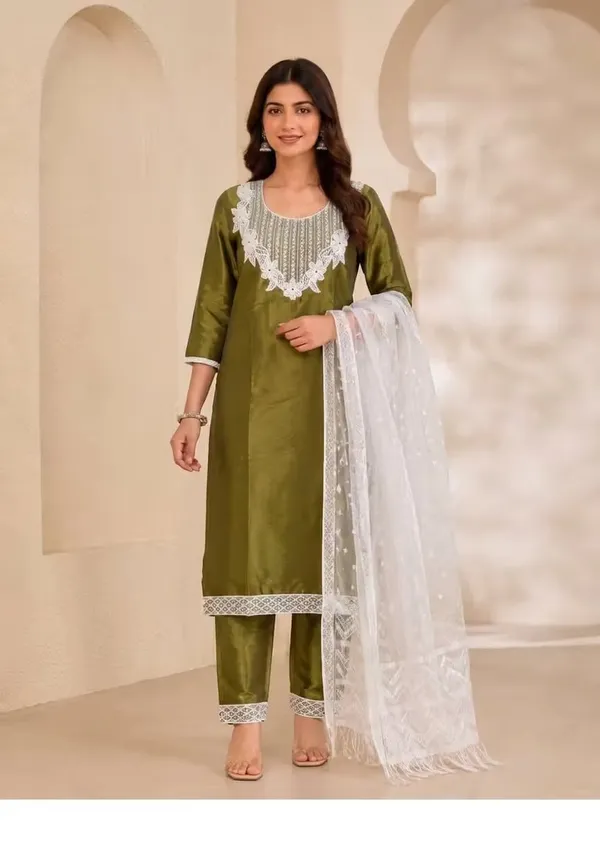 Olive_Green_Embroidered_Kurta_Set_With_Net_Dupatta