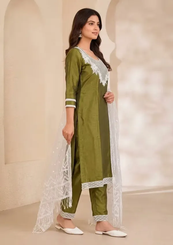 Olive_Green_Embroidered_Kurta_Set_With_Net_Dupatta