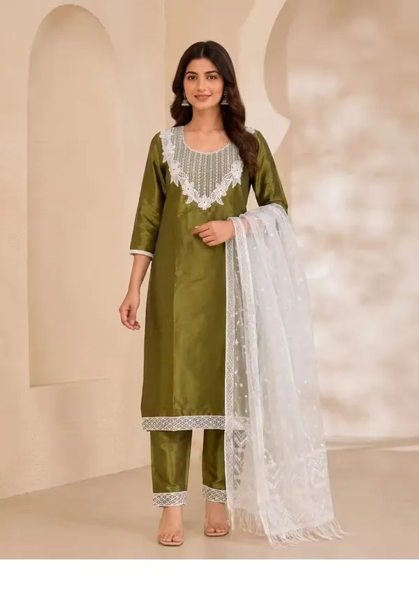 Olive_Green_Embroidered_Kurta_Set_With_Net_Dupatta