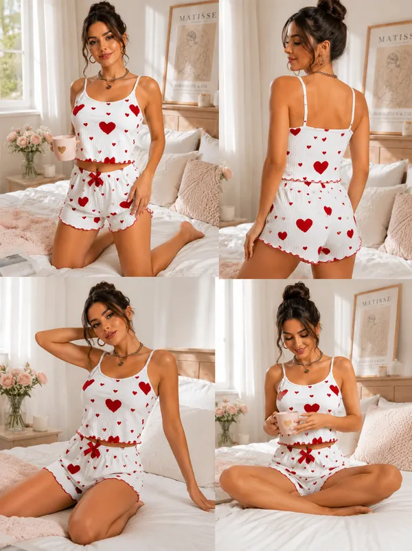 White_And_Red_Chiffon_Ribbed_Heart_Print_Tank_Top_&_Shorts_Set_For_Women