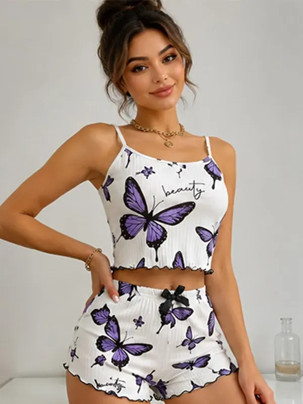 White_And_Black_Chiffon_Butterfly_Print_Cami_Top_Shorts_Lounge_Set_For_Wo_More
