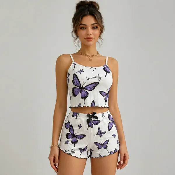 White_And_Black_Chiffon_Butterfly_Print_Cami_Top_Shorts_Lounge_Set_For_Wo_More