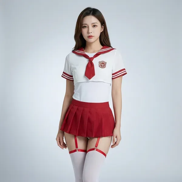 White_And_Red_Chiffon_Schoolgirl_Cosplay_Costume_Set_For_Women