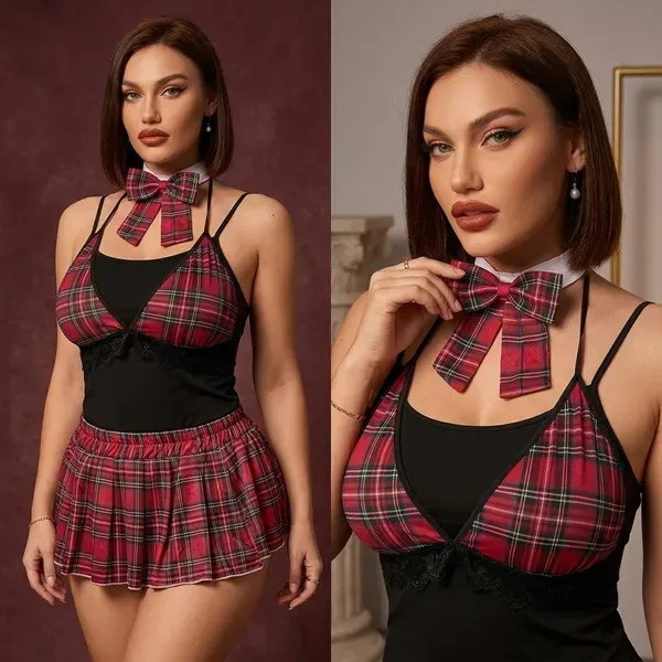 Red_And_Black_Chiffon_Plaid_Halter_Neck_Lingerie_Set_For_Women