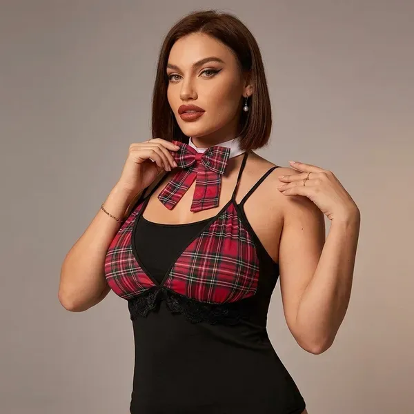 Red_And_Black_Chiffon_Plaid_Halter_Neck_Lingerie_Set_For_Women