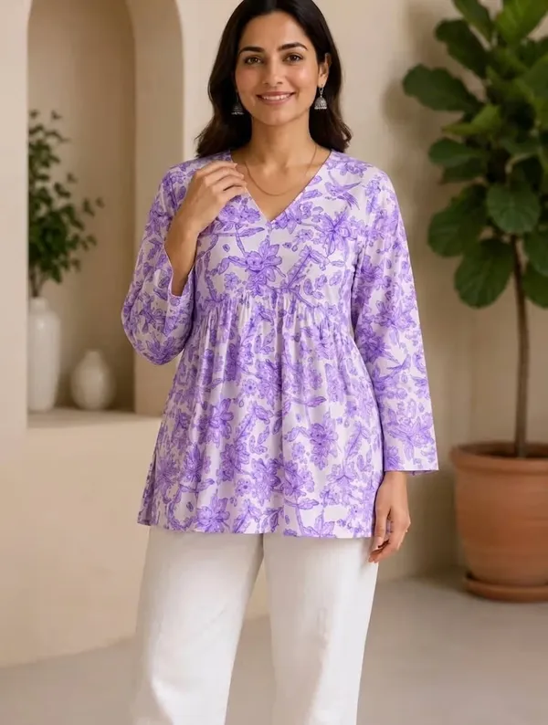 Lavender_Floral_Printed_Rayon_Short_Kurti_For_Women
