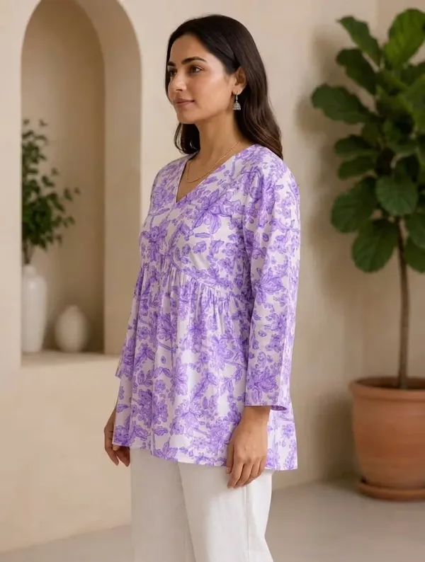 Lavender_Floral_Printed_Rayon_Short_Kurti_For_Women