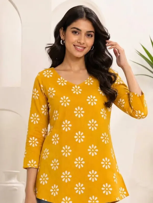Mustard_Yellow_Floral_Printed_Rayon_Short_Kurti