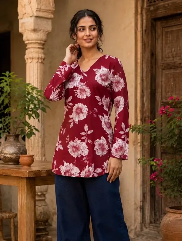 Maroon_Floral_Printed_Rayon_Short_Kurti_For_Women
