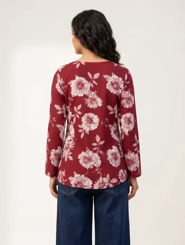 Maroon_Floral_Printed_Rayon_Short_Kurti_For_Women