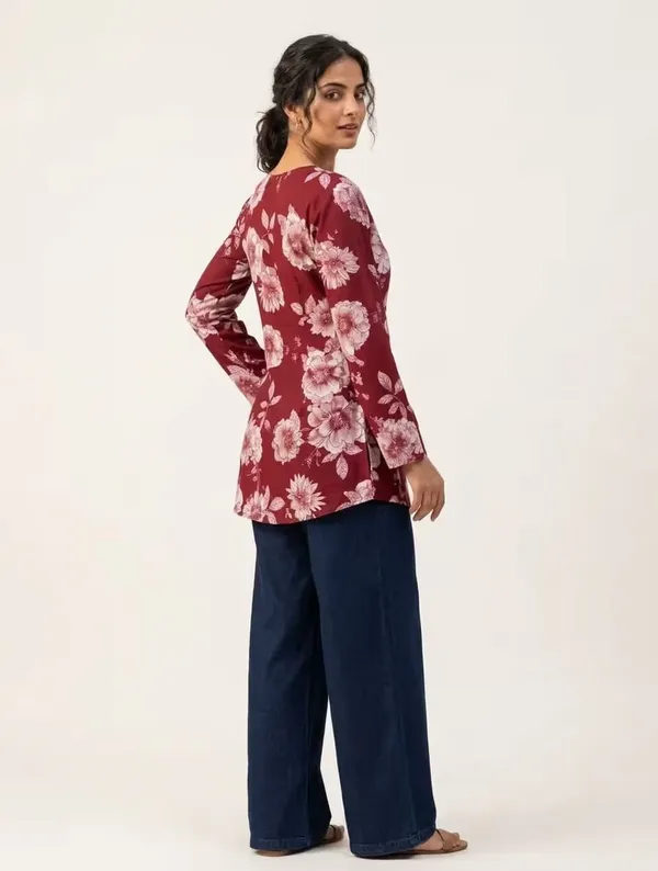Maroon_Floral_Printed_Rayon_Short_Kurti_For_Women