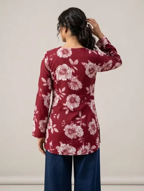 Maroon_Floral_Printed_Rayon_Short_Kurti_For_Women