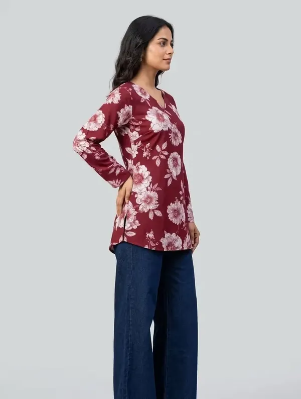 Maroon_Floral_Printed_Rayon_Short_Kurti_For_Women