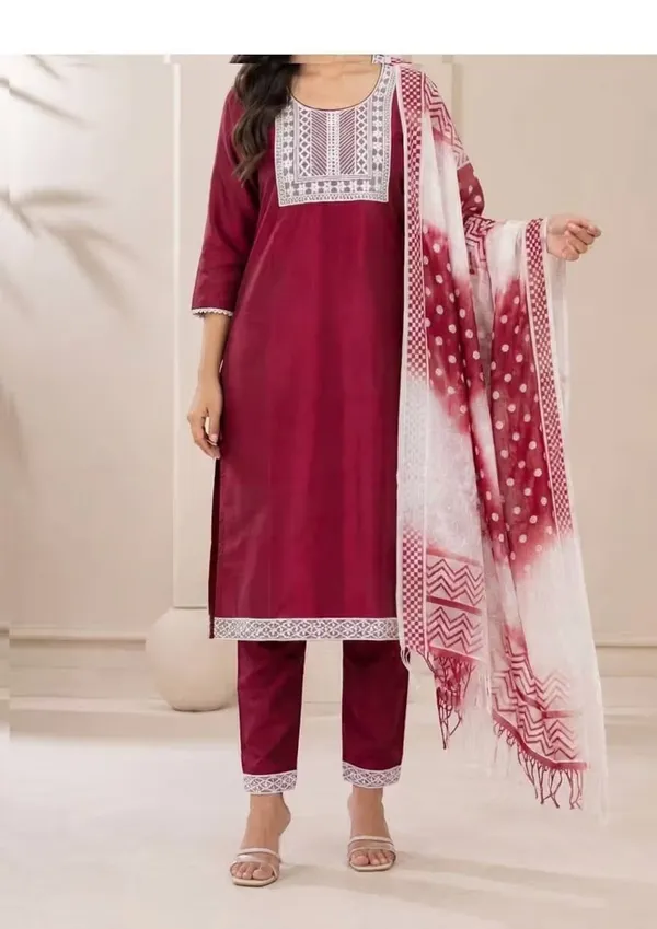 Maroon_Straight_Kurta_Set_With_Embroidered_Yoke_And_Dupatta