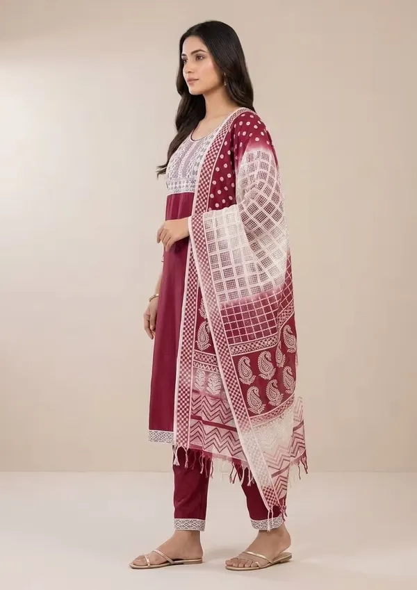 Maroon_Straight_Kurta_Set_With_Embroidered_Yoke_And_Dupatta