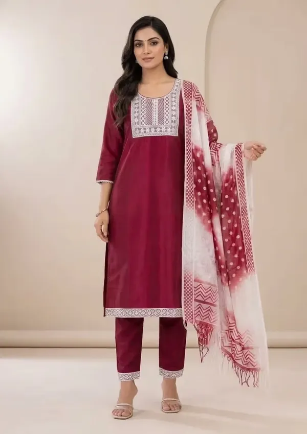 Maroon_Straight_Kurta_Set_With_Embroidered_Yoke_And_Dupatta