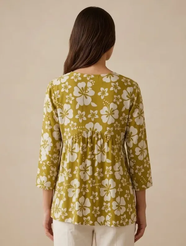 Mehendi_Green_Floral_Print_Rayon_V-Neck_Short_Kurti