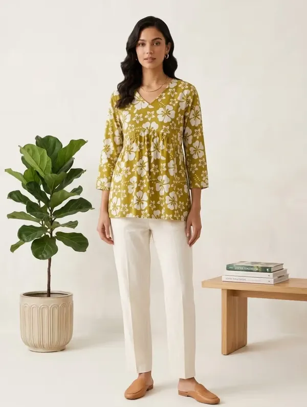 Mehendi_Green_Floral_Print_Rayon_V-Neck_Short_Kurti