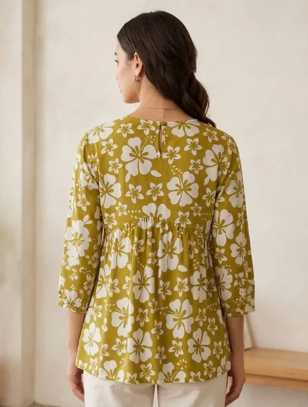 Mehendi_Green_Floral_Print_Rayon_V-Neck_Short_Kurti