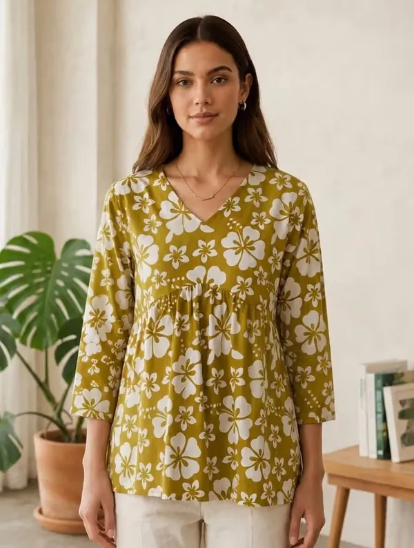 Mehendi_Green_Floral_Print_Rayon_V-Neck_Short_Kurti