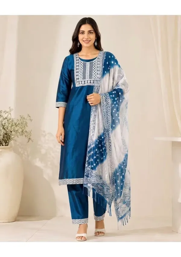 Peacock_Blue_Straight_Kurta_Set_With_Printed_Dupatta