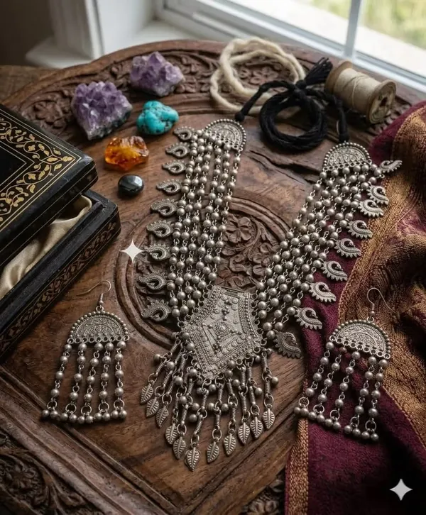 Oxidized_Silver-Tone_Tribal_Necklace_Set_with_Statement_Pendant_&_Matching_Earrings