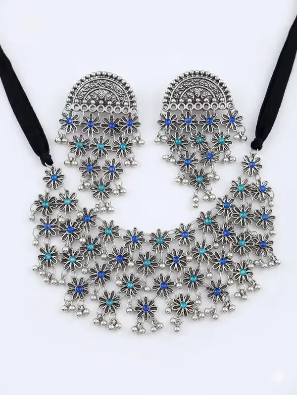 Oxidized_Silver_Floral_Necklace_Set_with_Blue_&_Turquoise_Stones_and_Matching_Earrings