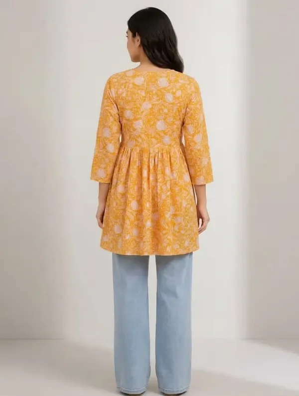 Mustard_Orange_Floral_Printed_Rayon_Short_Flared_Kurti