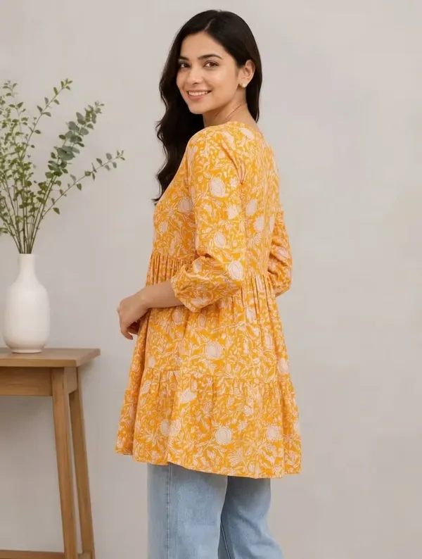 Mustard_Orange_Floral_Printed_Rayon_Short_Flared_Kurti