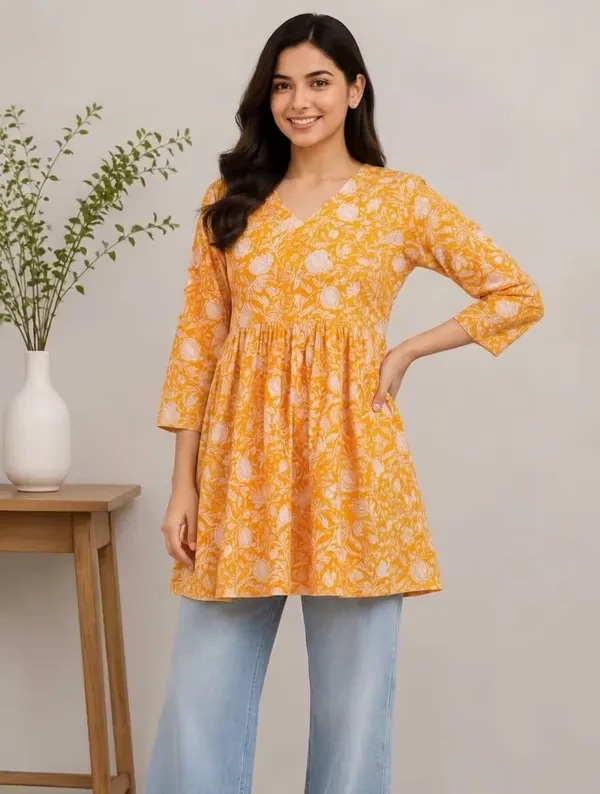 Mustard_Orange_Floral_Printed_Rayon_Short_Flared_Kurti