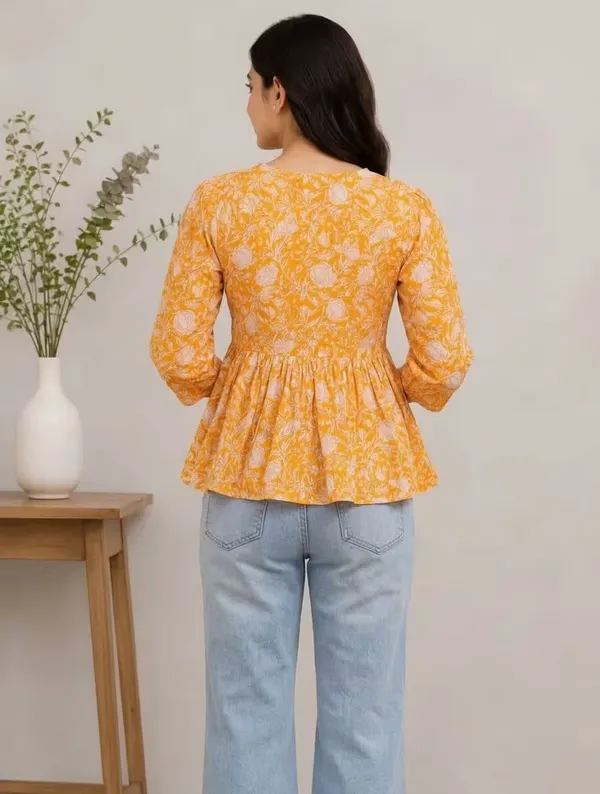 Mustard_Orange_Floral_Printed_Rayon_Short_Flared_Kurti