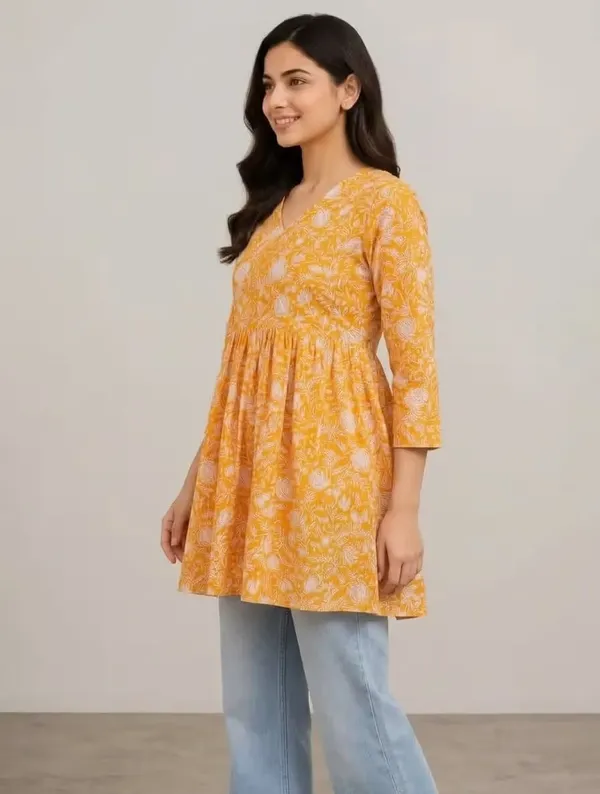 Mustard_Orange_Floral_Printed_Rayon_Short_Flared_Kurti