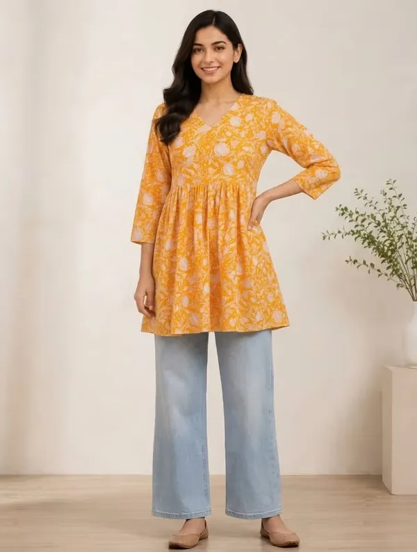 Mustard_Orange_Floral_Printed_Rayon_Short_Flared_Kurti