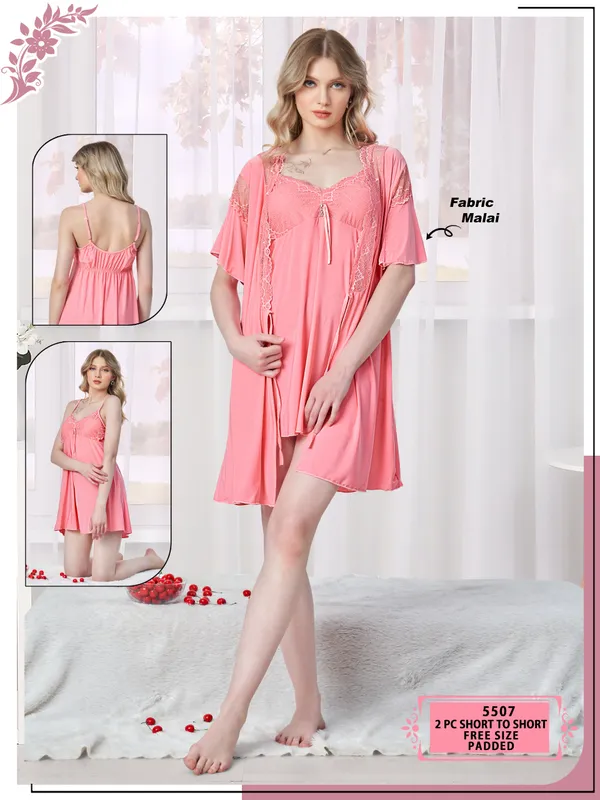 Beaufee_Women's_Padded_Malai_Fabric_Lace_Nightdress_with_Matching_Robe_|_Soft_Stretch_2-Piece_Nightwear_Set_|_Free_Size_|_Peach_Pink