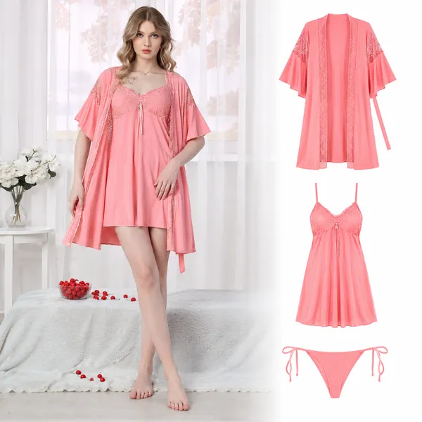 Beaufee_Women's_Padded_Malai_Fabric_Lace_Nightdress_with_Matching_Robe_|_Soft_Stretch_2-Piece_Nightwear_Set_|_Free_Size_|_Peach_Pink