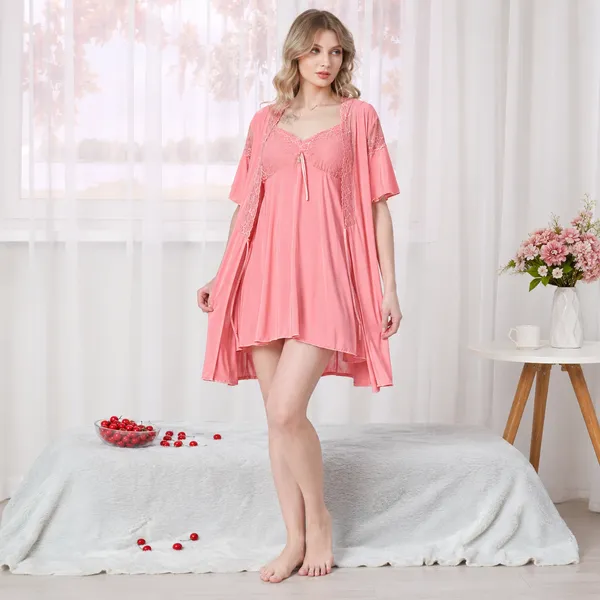 Beaufee_Women's_Padded_Malai_Fabric_Lace_Nightdress_with_Matching_Robe_|_Soft_Stretch_2-Piece_Nightwear_Set_|_Free_Size_|_Peach_Pink
