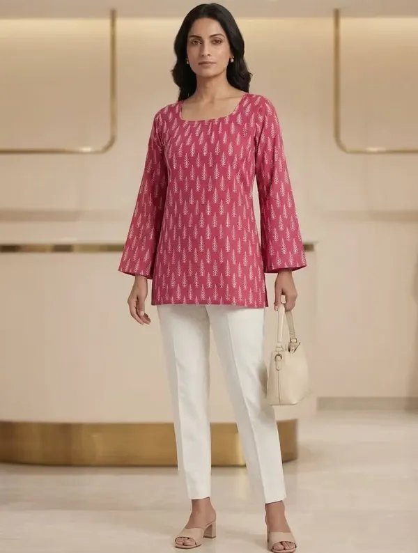 Pink_Leaf_Printed_Rayon_Short_Kurti_Top_For_Casual_Wear