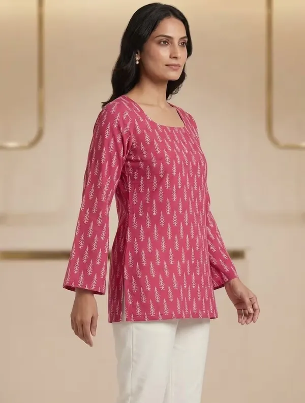 Pink_Leaf_Printed_Rayon_Short_Kurti_Top_For_Casual_Wear