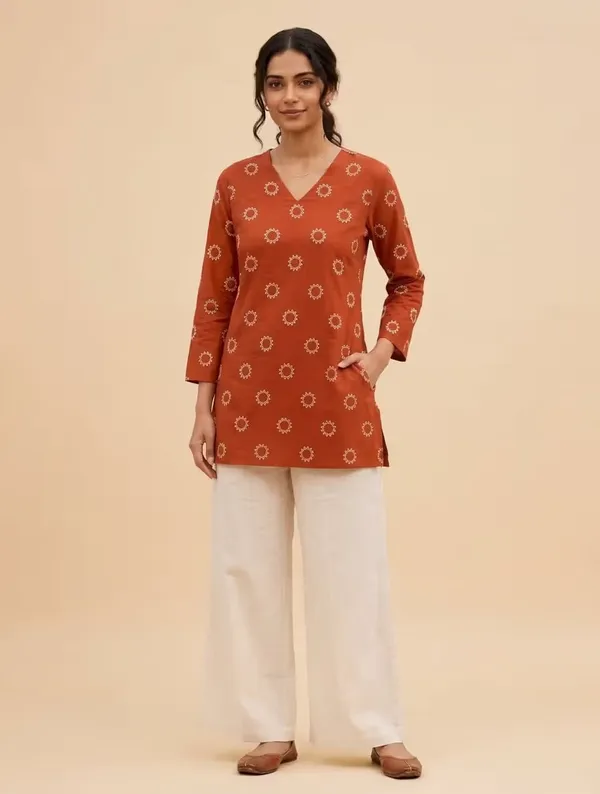 Rust_Orange_Geometric_Printed_Rayon_Short_Kurti_For_Women