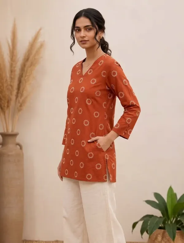 Rust_Orange_Geometric_Printed_Rayon_Short_Kurti_For_Women