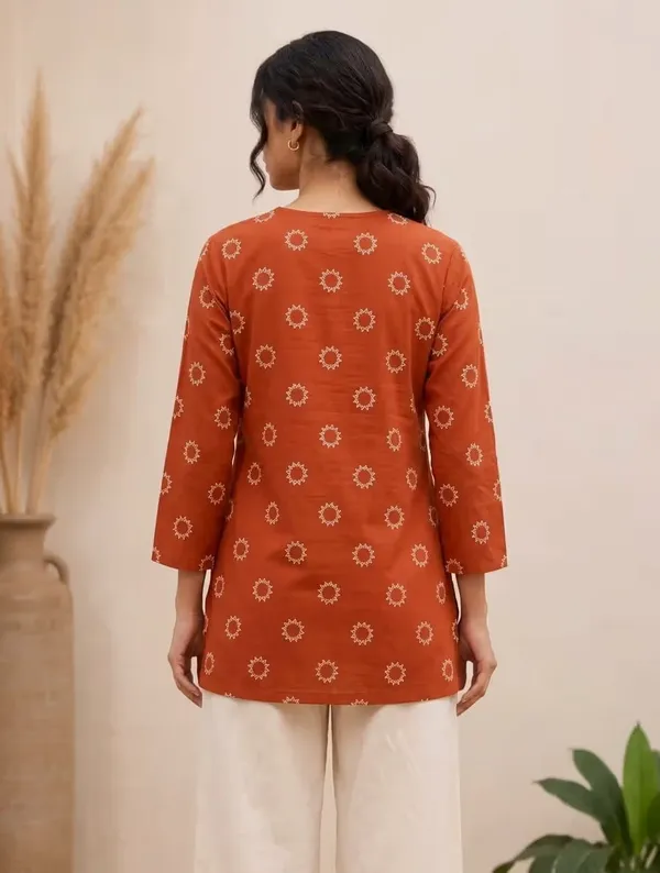 Rust_Orange_Geometric_Printed_Rayon_Short_Kurti_For_Women