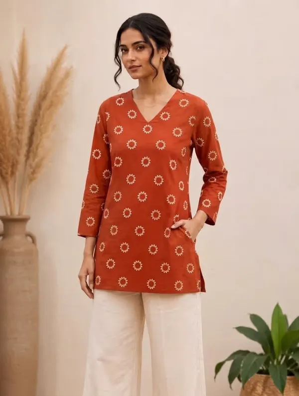 Rust_Orange_Geometric_Printed_Rayon_Short_Kurti_For_Women