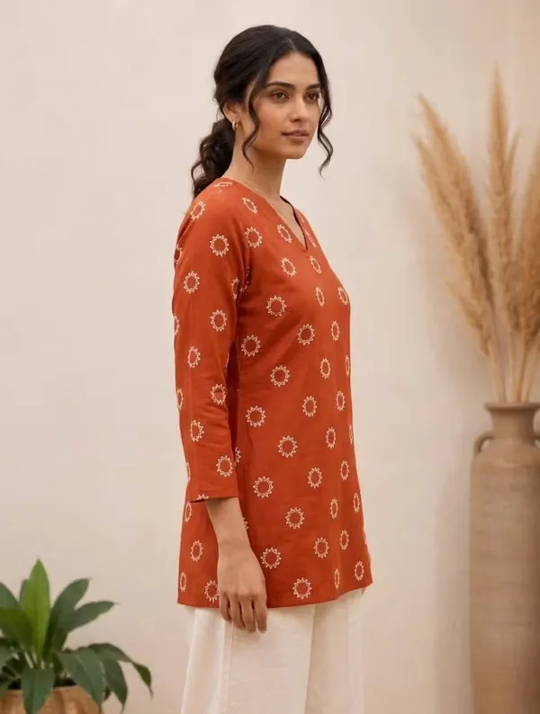 Rust_Orange_Geometric_Printed_Rayon_Short_Kurti_For_Women