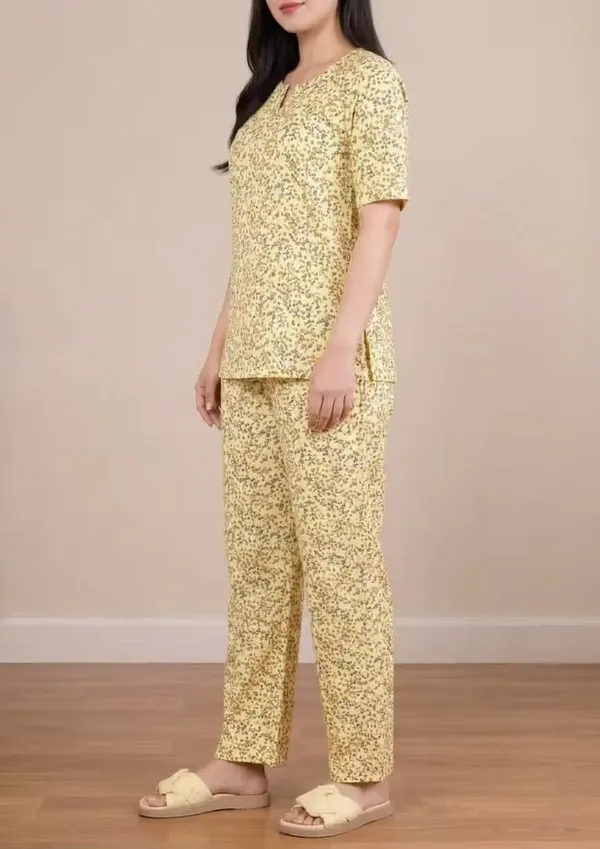 Yellow_Floral_Printe_Pure_Cotton_Short_Sleeve_Loungewear_Co-Or_Set